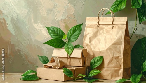 Eco Friendly Packaging with Green Leaves.