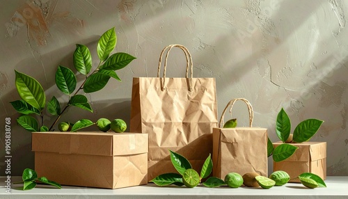 Eco Friendly Paper Bags with Green Leaves.