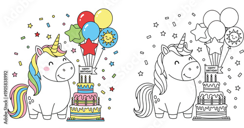Cute unicorn with birthday cake and balloons. Vector illustration of happy magic animal for coloring book. Cartoon character set isolated on white background.