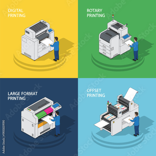 Isometric printing machines set showing digital, rotary, offset and large format printing