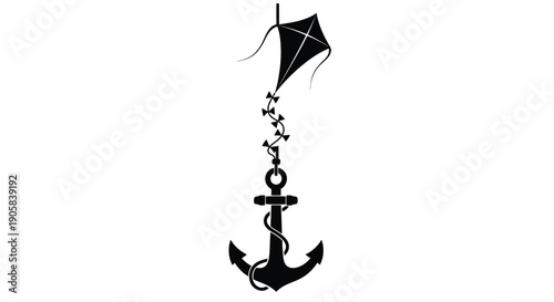 Black and white graphic depicts an anchor tethered to a kite by a broken chain link.