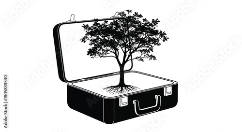Suitcase opened wide displays a small rooted tree growing inside the travel container.