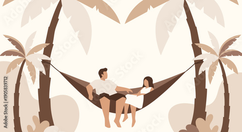 Minimalist illustration of a couple relaxing in a hammock at a resort