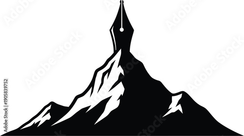 Stylized fountain pen nib crowns a jagged mountain peak representing literature achievement.
