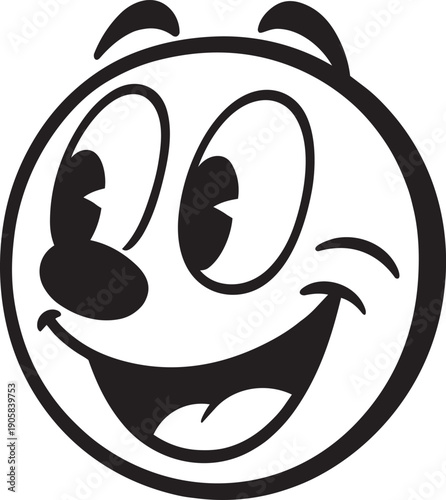 Happy retro mascot character head looking sideways with a wide cheerful smile and big eyes