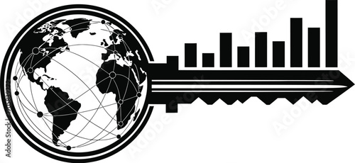 Global finance key symbolizes worldwide economic growth charting success on a white background.