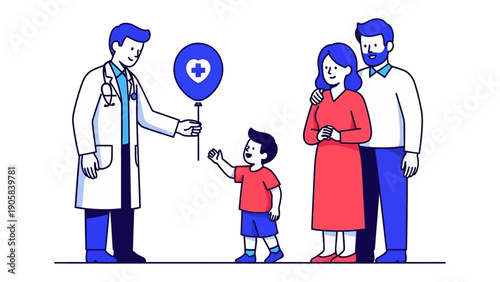 A Doctor's Gift of Hope: A caring doctor extends a gesture of health, gifting a balloon to a child, while the supportive family stands by, embodying trust and care. 