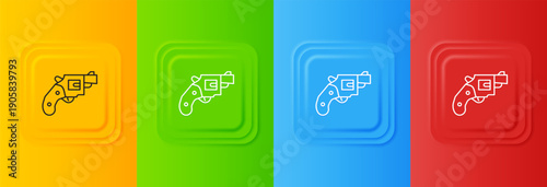 White Small gun revolver icon isolated on colorful background. Pocket pistol for self-defense. Ladies revolver. Spy Weapon. Set icons in square buttons. Vector