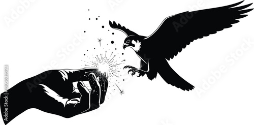 Falcon takes flight from an open hand emitting bright sparks representing freedom or magical release.