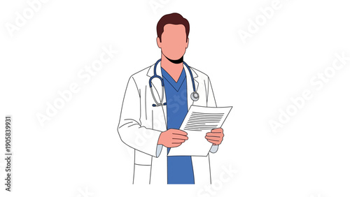 Medical Professional: A dedicated medical professional stands with a stethoscope around their neck, intently reviewing medical documents and providing compassionate care.