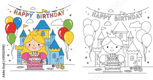 Cute princess holding birthday cake with castle background, vector illustration set showing colored version and black and white coloring page outline for kids activity book.
