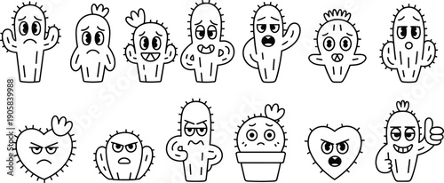 Collection of cute cartoon cactus characters with different facial expressions and emotions in black line art style isolated on white background for playful design