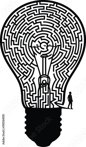 Small figure stands at the entrance of a complex maze shaped like an illuminated lightbulb.