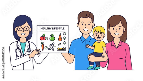 Healthy Lifestyle Advice: A medical professional provides guidance on adopting a wholesome lifestyle, presenting nutritional options to a family, emphasizing the importance of well-being.