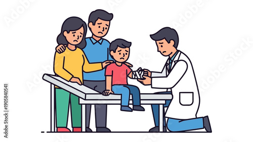 Caring for a Child: A family supports their child as a doctor tends to a fractured arm, conveying concern and compassion.