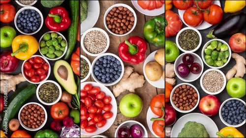 Healthy eating ingredients: fresh vegetables, fruits and superfood. Nutrition, diet, vegan food concept.