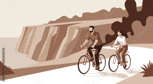 Couple riding bicycles on a coastal road by the sea cliffs