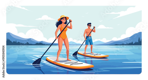 Man and woman stand up paddleboarding on a calm mountain lake