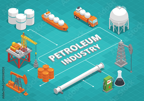 Isometric petroleum industry concept with oil rig tanker truck pipeline refinery equipment vector