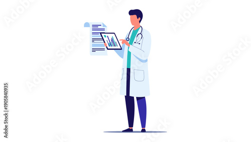 Digital Doctor: A medical professional, clad in a crisp white coat and armed with modern technology, analyzes data and charts on a digital tablet