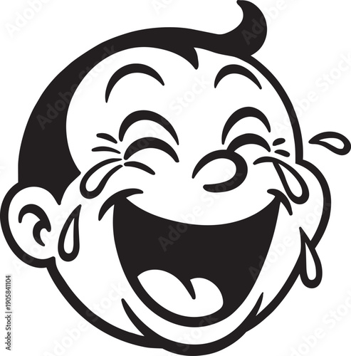 Laughing hard retro mascot head with tears streaming down face and closed eyes