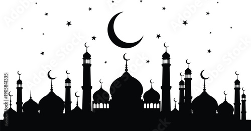Black silhouette of mosque with minarets and domes under starry night sky with crescent moon