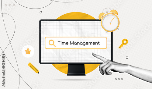 Trendy Halftone Collage Time Management concept. Computer monitor with search bar, alarm clock and hand. Efficient work process organization. Business planning. Contemporary vector illustration art