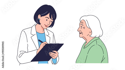 Compassionate Healthcare: A friendly doctor attentively records medical history, showing empathetic care towards an elderly patient during a routine consultation.