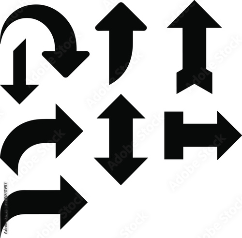 Directional arrows icon set showing navigation, movement, turn, up down flow, routing symbols, black vector illustration collection