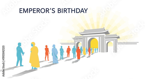 Illustration of a Japanese family celebrating Emperor Naruhito's birthday or Tenno Tanjoubi with a traditional castle gate and flag, conveying a joyful mood.