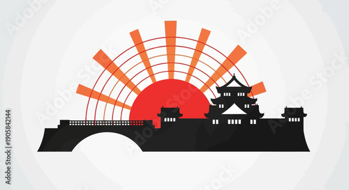 Vector illustration of a Japanese castle with a rising sun design, celebrating Emperor Naruhito's birthday in Japan with a traditional flag and family symbols.