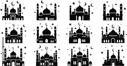 Black silhouettes of mosques with domes and minarets surrounded by stars and crescent moons on white background