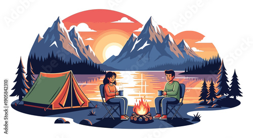 Couple sitting by campfire near tent at mountain lake during sunset