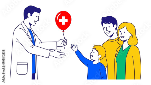 A Doctor's Gesture of Care: An illustration depicts a doctor extending a red balloon with a white cross to a child from family, signifying care and support. 