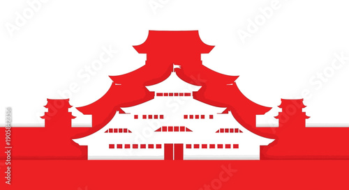 Vector illustration of a Japanese castle with a red and white color scheme celebrating Emperor Naruhito's birthday or Tenno Tanjoubi in Japan with a traditional design and family members.