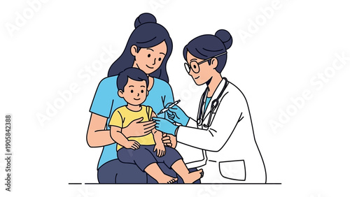 Vaccination Moment: A compassionate pediatrician administers a vital injection to a young child, offering reassurance while the child is held by a caring mother.