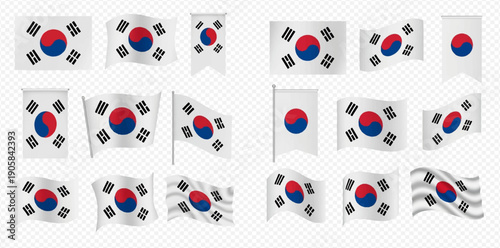 Collection of South Korean flags in various shapes and waving positions, isolated on transparent background.