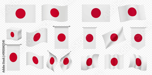 Set of Japanese flags in various forms and angles, isolated on a transparent background, symbolizing national identity and pride.