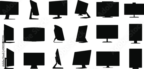 Black Computer Monitor Silhouette Vector Set Featuring Various Display Screens Desktop PCs and TV Icons from Different Angles for Technology Workspace and Office Design Projects