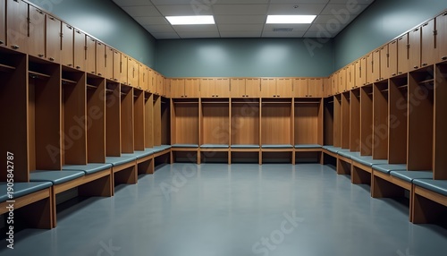 Empty modern wooden gym locker room with benches and bright lighting interior design