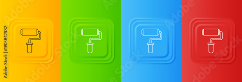 White Paint roller brush icon isolated on colorful background. Set icons in square buttons. Vector