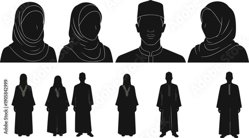 Black silhouettes of people wearing traditional Middle Eastern clothing traditional clothing hijab