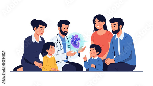 Heart Health Consultation: A medical professional consults with a family, illustrating a human heart with holographic visual. Focus on healthcare, family well-being, and medical consultation. 