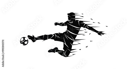 A black and white illustration of a soccer player kicking a ball with motion lines on a white background.