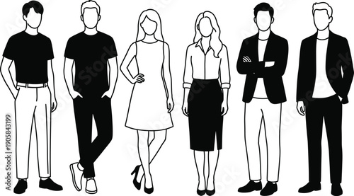 Set of diverse professional people silhouettes in smart casual business outfits, standing together for corporate team and fashion concepts