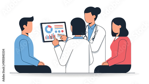 Medical Consultation: A dedicated medical professional consults with patients, reviewing data on a digital tablet to improve patient wellness and care.