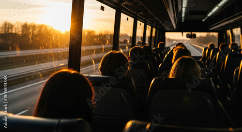 Interior view of bus with passengers, sunlight shining through window, symbolizing travel and journey, transport theme with asphalt road outside