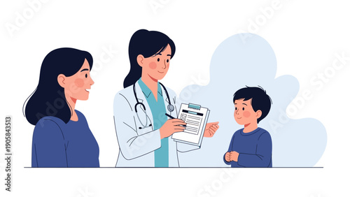 Doctor's Visit: A caring physician explains a medical report to a concerned mother and her child, creating a safe and trustworthy environment during a medical consultation.