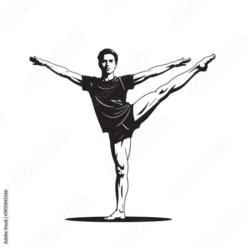 Male ballet dancer performing dynamic high leg kick balance with outstretched arms