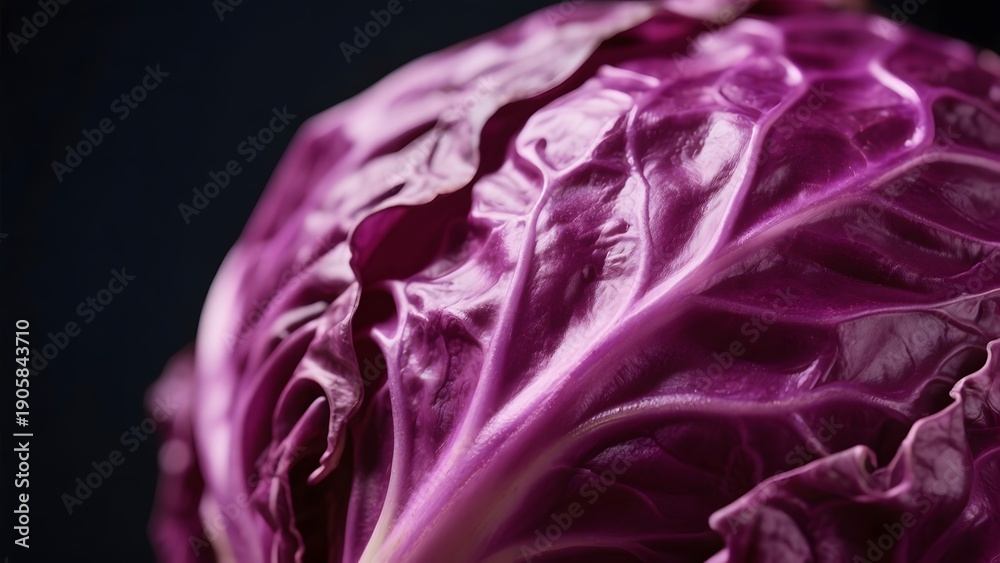 Obraz premium Close-up of a vibrant, fresh red cabbage with its textured leaves, a healthy and nutritious vegetable, isolated on a dark background